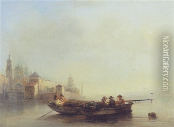 Boat Near An Italianate Town Oil Painting - George Johannes (Jan) Hoffmann