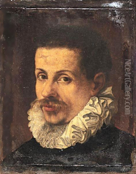 Portrait Of A Gentleman, Head And Shoulders, Wearing Black With A White Ruff Oil Painting - Annibale Carracci