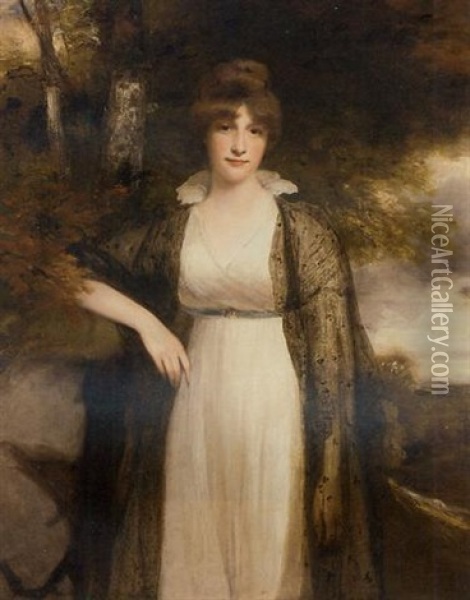 Portrait Of Eleanor Agnes, Wife Of Robert, 4th Earl Of Buckinghamshire, In A White Dress And A Black Shawl, In A Wooded Landscape Oil Painting - Sir John Hoppner