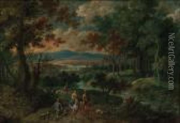 A Wooded Mountainous Landscape With Travellers On Horseback Withhunting Dogs Oil Painting - Pieter Gysels