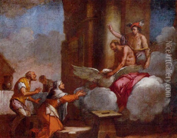 Jupiter And Mercury With Philemon And Baucis Oil Painting - Giulio Carpioni