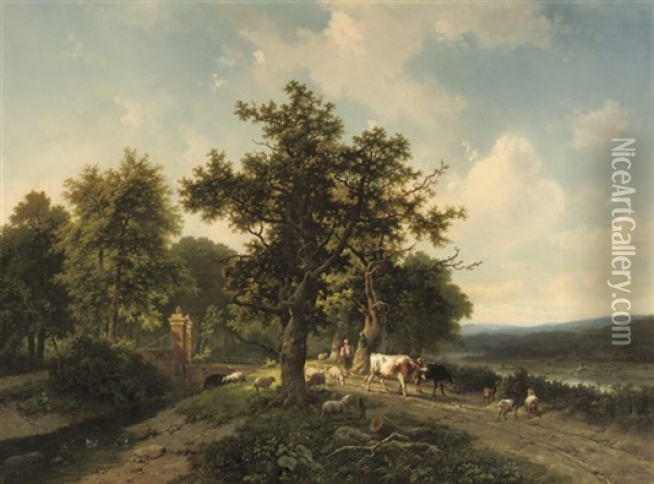 A Panoramic River Landscape With Cattle Near A Bridge Oil Painting - Marinus Adrianus Koekkoek