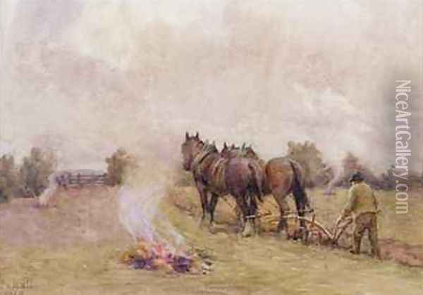Ploughing Scene with Fires in a Field Oil Painting - Jessie Hall