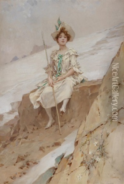 Elegant Woman With Bonnet In A Landscape Oil Painting - Frederik Hendrik Kaemmerer