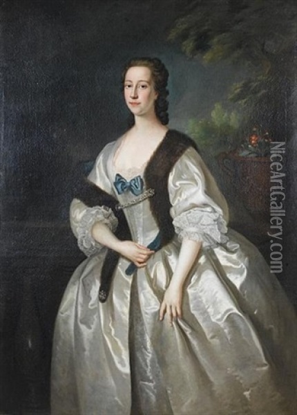 Portrait Of A Lady (alicia Oldfeld?), Three-quarter-length In A Lace-trimmed Dress And A Fur Stole Oil Painting - Allan Ramsay