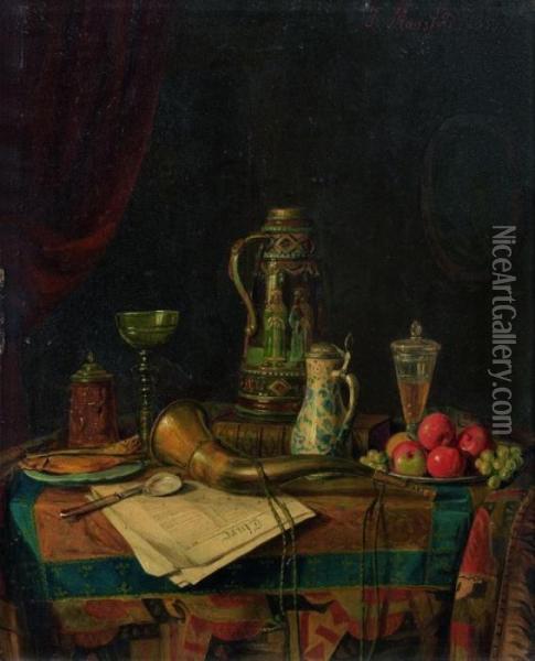 1-chopes, Livre, Verres, 
Assiette De Fruits, Harengs, Corne Et Journal Sur Un Entablement Oil Painting - Josef Mansfeld