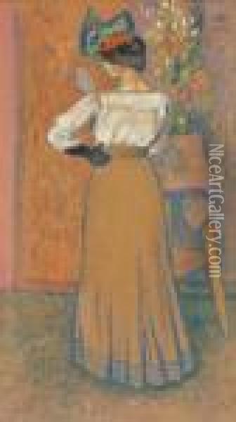 Elegant Lady Holding A Mirror Oil Painting - Georges Lemmen