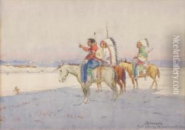 Three Indians On Horseback Oil Painting - Joseph Scheuerle