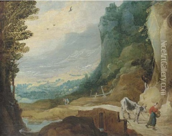 An Extensive Mountainous Landscape With A Milkmaid And A Cow On A Track Oil Painting - Joos de Momper the Younger