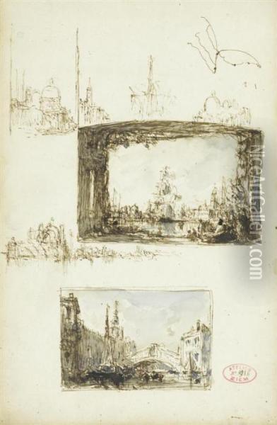 Sketch Sheet With Two Views Of Venice - Lagunawith Sailing Ship And The Rialto Bridge. Oil Painting - Felix Ziem