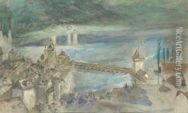 View Of The Kapellbrucke, With The Lake Of Lucerne Beyond Oil Painting - John Ruskin