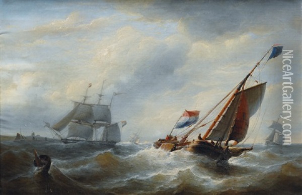 Dutch Sailing Vessels In Choppy Sea Oil Painting - Christian Cornelis Kannemans