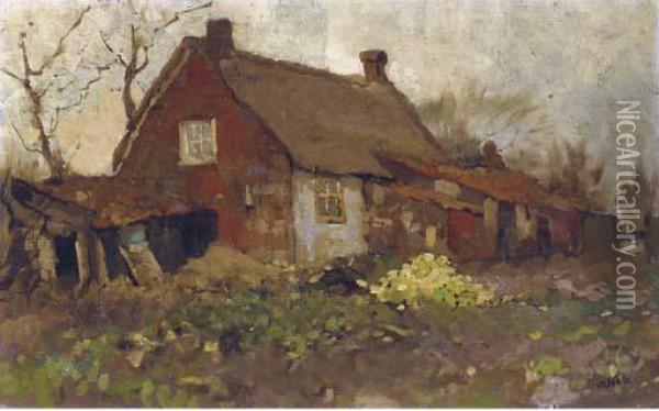 Achter De Boerderij: Behind A Farm Oil Painting - Willem Van Der Nat