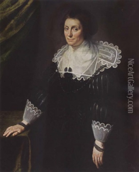 A Portrait Of A Lady, Wearing A Black Dress With A Composite White Collar And Cuffs, A Black Headdress And Pearl Jewellry Oil Painting - Paulus Moreelse