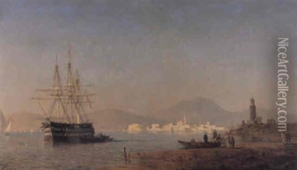Orientalisk Kustavy Med Segelfartyg Oil Painting - Amedee Rosier