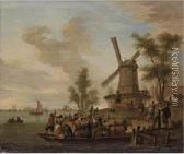 A River Landscape With A Ferry And A Windmill Oil Painting - Franz Ferg