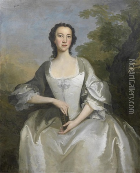 Portrait Of Lady Martha Aubrey, Three-quarter-length, In A White Dress, Seated Before A Landscape Oil Painting - Thomas Hudson