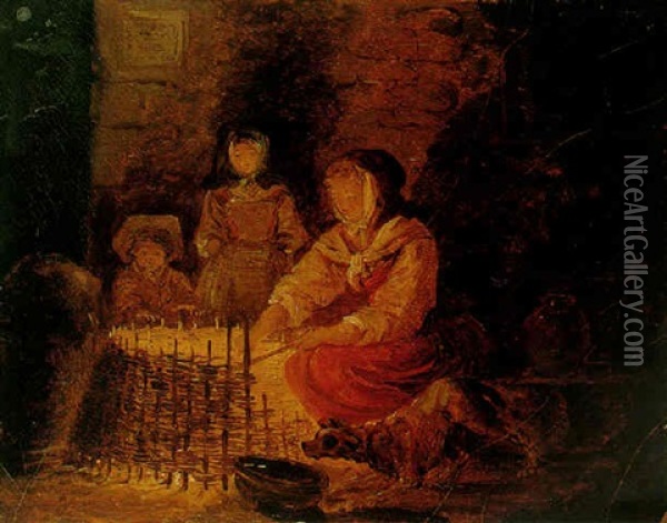 A Peasant Mother And Her Two Children Warming Themselves By A Fire Oil Painting - Hubert Robert