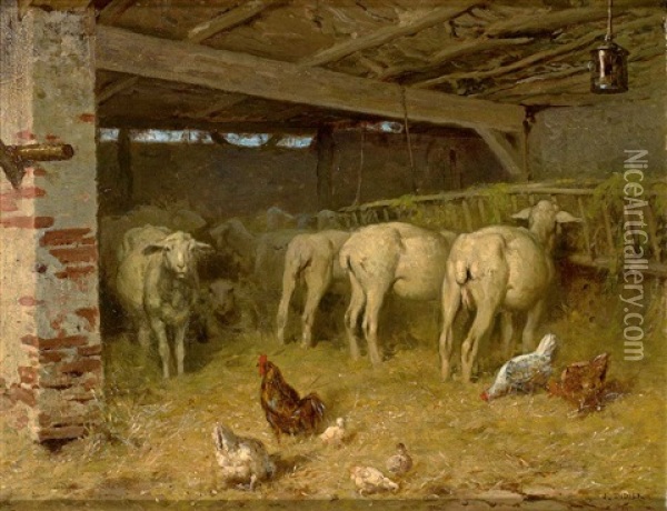 Blick In Einen Stall Mit Zahlreichen Schafen Und Federvieh Oil Painting - Jules Didier