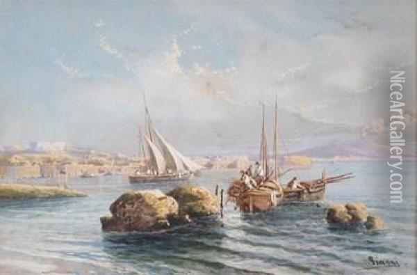 Fishermen In The Bay Of Naples With Vesuvius Oil Painting - Girolamo Gianni