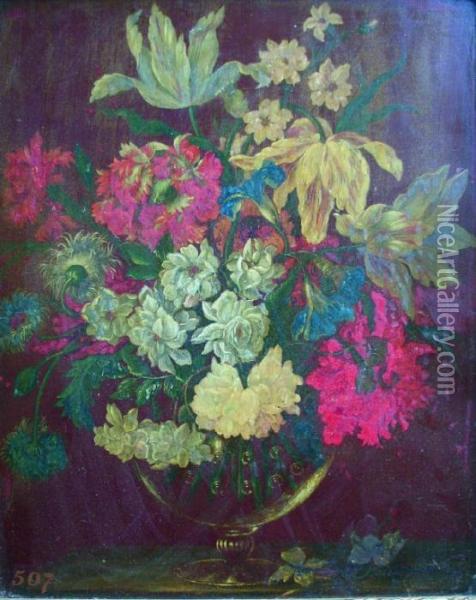 A Glass Bowl Of Mixed Flowers Oil Painting - Jan Van Huysum
