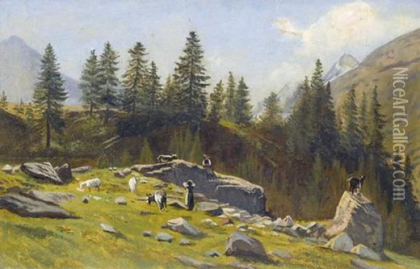 Sommerliche Alppartie Mit Hirten, Schafen Und Ziegen Oil Painting - Johann Joseph Geisser