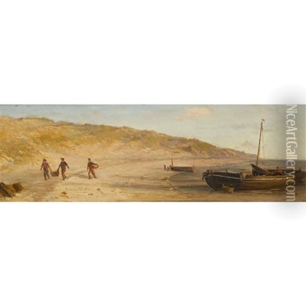 Strandpartie Mit Fischerbooten Oil Painting - Louis Bentabole