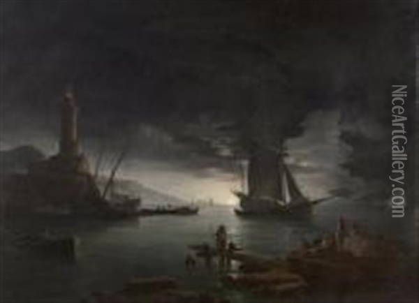 Lever De Lune Sur Un Port Mediterraneen Oil Painting - Jean Henry d' Arles