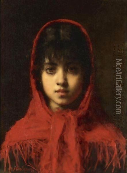Young Girl In A Red Shawl Oil Painting - Alexei Alexeivich Harlamoff