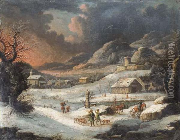 A Mountainous Winter Landscape With Hunters In The Foreground Oil Painting - Johann Christian Vollerdt or Vollaert