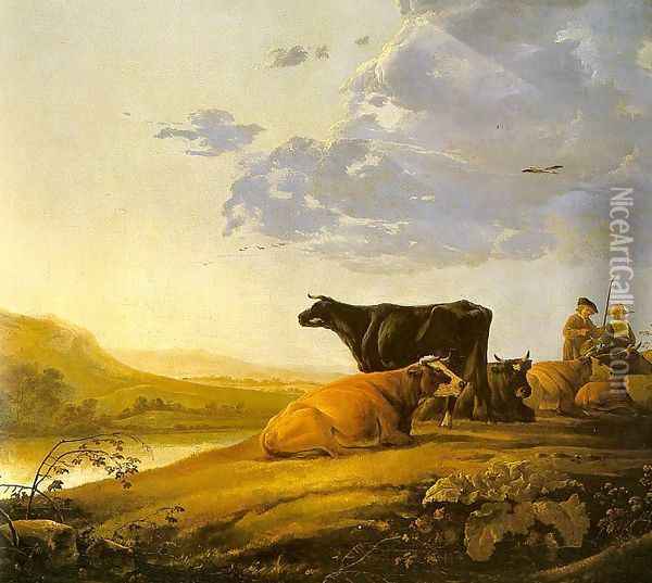 Young Herdsman with Cows 1655-60 Oil Painting - Aelbert Cuyp