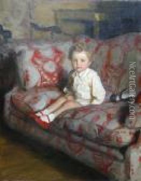 Kindje Zittend In Tweezit - Enfant Assis Dans Un Canape. (nov.1921) Oil Painting - Harrington Mann