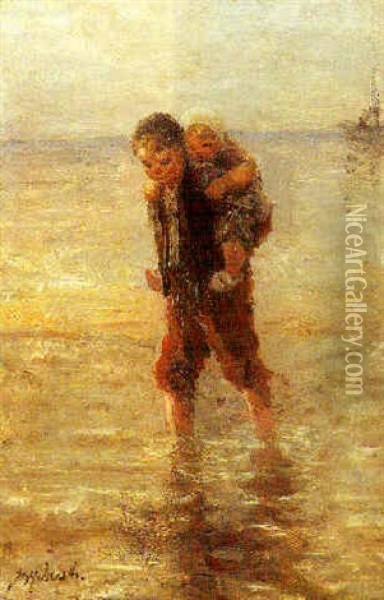 A Beach Scene With A Boy Carrying His Sister Oil Painting - Jozef Israels