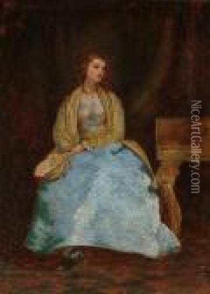 A Lady Wearing A Blue And Yellow Dress, Holding A Fan Oil Painting - John Eaton Walker