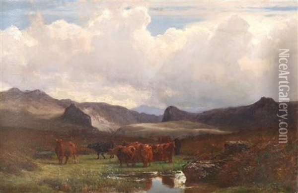 Cattle Grazing On A Hillside Besides A Lake Oil Painting - Auguste Francois