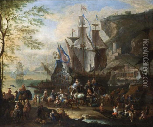 A Mediterranean Harbour Scene 
With Figures Unloading Merchantmen, Together With Horsemen, An Elephant,
 Dromedaries And A Ferry In The Foreground, A View Of A Town In The 
Background Oil Painting - Jean Baptist Van Der Meiren