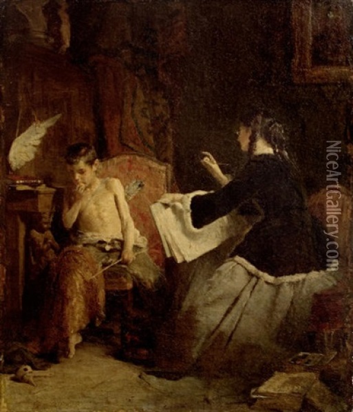 Eros And The Painter Oil Painting - Nikolaus Gysis