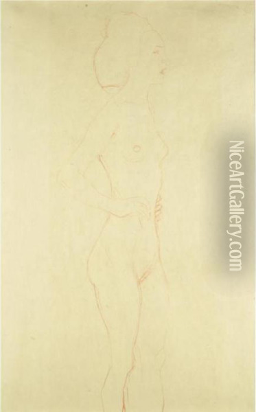 Stehender Weiblicher Akt - Hand An Der Hufte (female Standing Nude - Hands On Hips) Oil Painting - Gustav Klimt