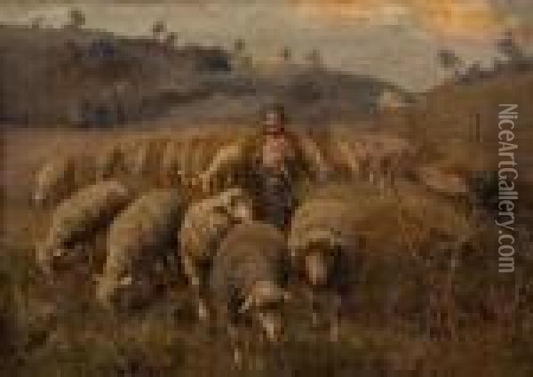 Shepherdess With Flock Of Sheep Oil Painting - Francesco Paolo Michetti