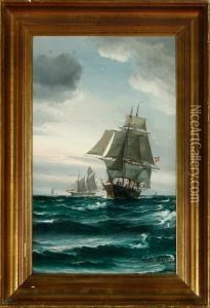 Marine With Danish Sailing Ships In Heavy Sea Oil Painting - Vilhelm Bille