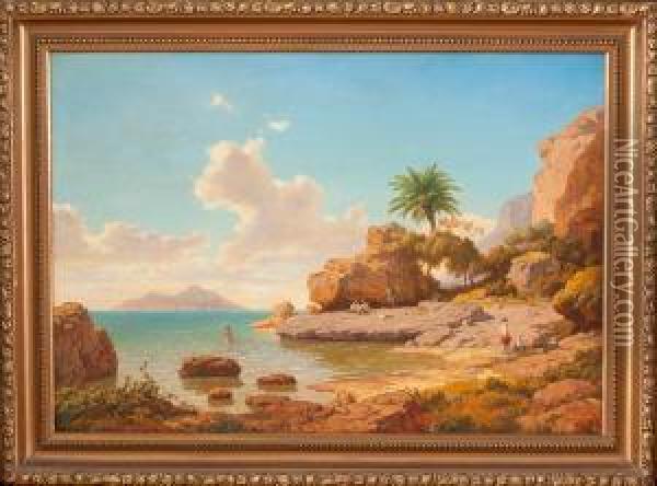 Veduta Di Palazzo A Mare A Capri Con Bagnanti Oil Painting - Albert Flamm