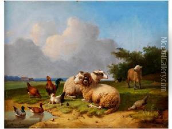 Idylle Mit Schafen Und Federvieh Oil Painting - Cornelis van Leemputten
