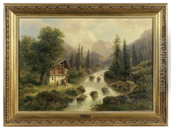 Landschaft Mit Wildbach Und Bauernhaus Im Salzkammergut, Figural Staffiert Oil Painting - Gustav Barbarini