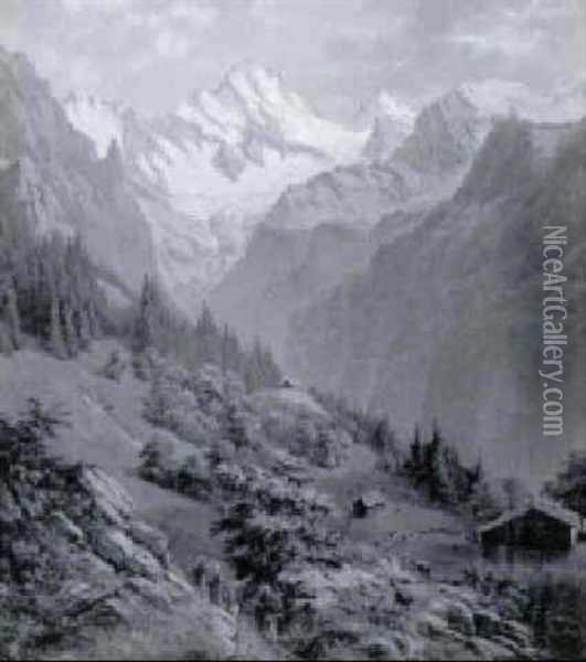 Alpine Landschaft Mit Wanderern Oil Painting - Gottfried Herzig