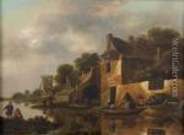 Paysans En Barque Dans Un Village Oil Painting - Claes Molenaar (see Molenaer)