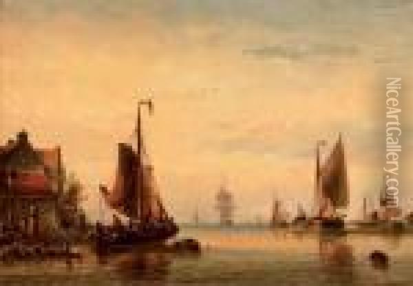 Shipping On A Calm Estuary Oil Painting - Nicolaas Martinus Wijdoogen