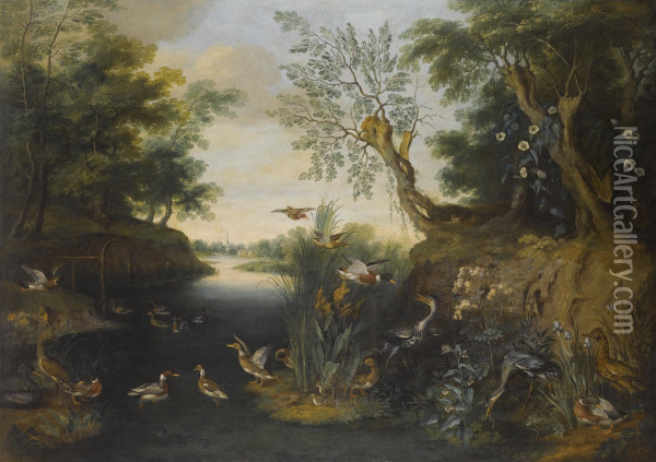 River Landscape With Ducks And Other Fowl Oil Painting - Jan Brueghel the Younger