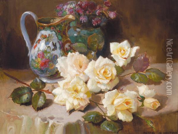 Still Life With Yellow Roses Oil Painting - Pascal De Beucker
