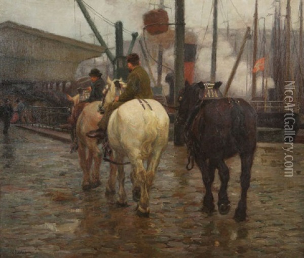 Le Port D'anvers Avec Dockers Et Chevaux De La Hessenatie Oil Painting - Edgard Farasyn