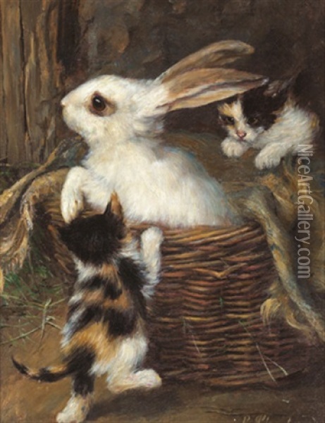Zwei Katzchen Und Ein Kaninchen Oil Painting - Paul Schmalzried